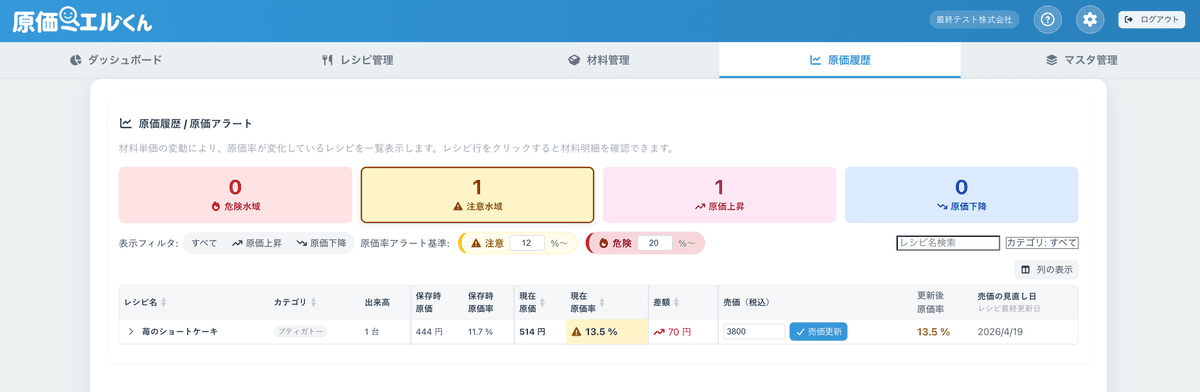 原価履歴アラート画面 - 材料費の変動を自動検知